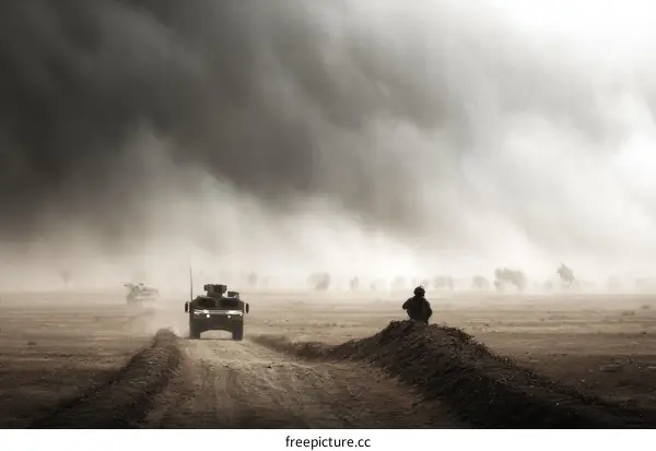Military vehicles in a dusty desert landscape with a soldier