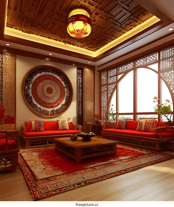 Traditional Chinese Style Living Room Interior Design With Red Sofa And Carved Wooden Ceiling