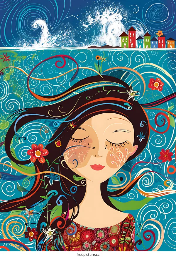 Colorful Illustration of a Woman with Closed Eyes and Swirling Hair