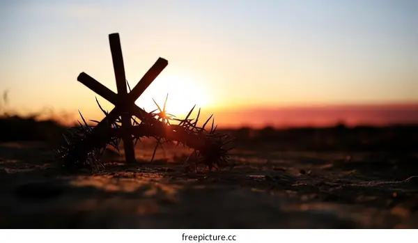 Sunset Silhouette of a Cross and Crown of Thorns