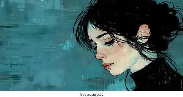 girl with black hair and freckles looking down