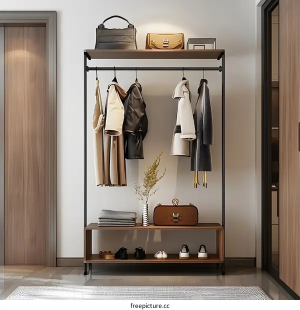 Modern Simple Design Entryway Clothes Rack with Shelf and Hooks