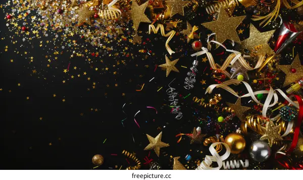 Gold and silver Christmas decorations on black background