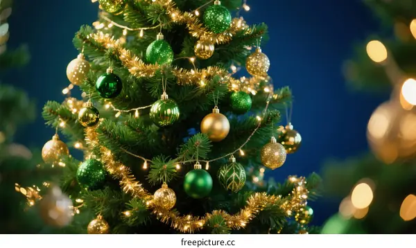 Festive Christmas Tree Decorated with Green and Gold Ornaments