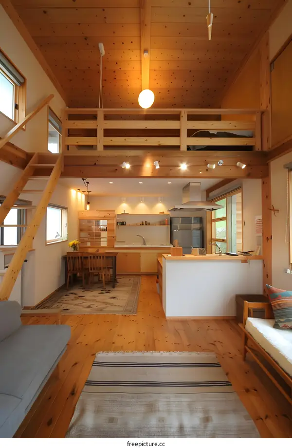 Modern Loft Style Interior Design With Wooden Beams And Loft Bed