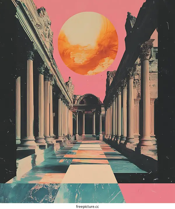Surrealist Artwork of Ancient Columns and a Giant Sun