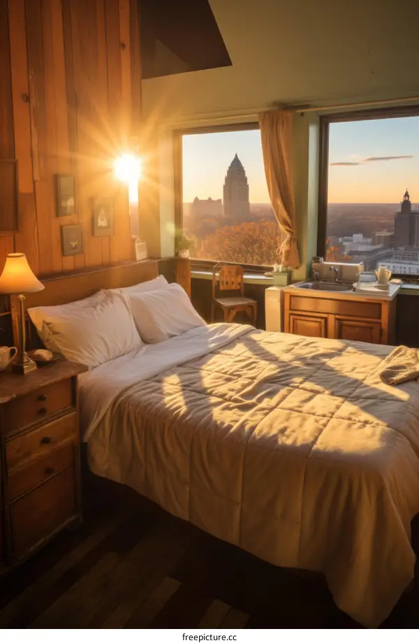 Cozy bedroom with a view of the city