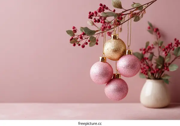Pink and Gold Christmas Ornaments on a Branch