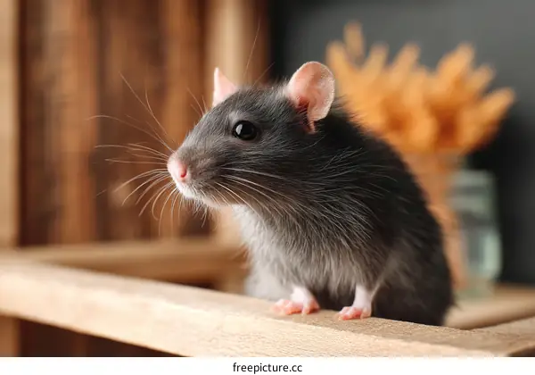 Cute Grey Rat on Wooden Shelf