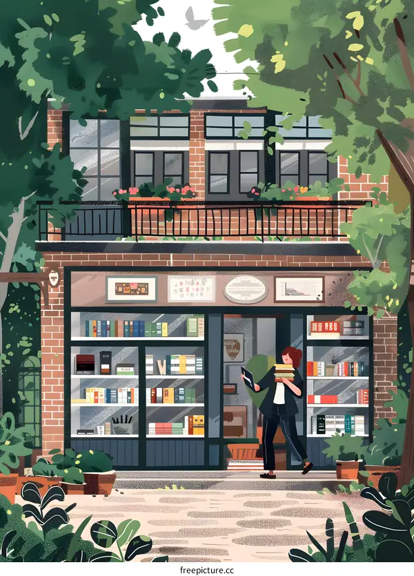 Woman Walking Out Of A Bookstore With Books In Her Hands