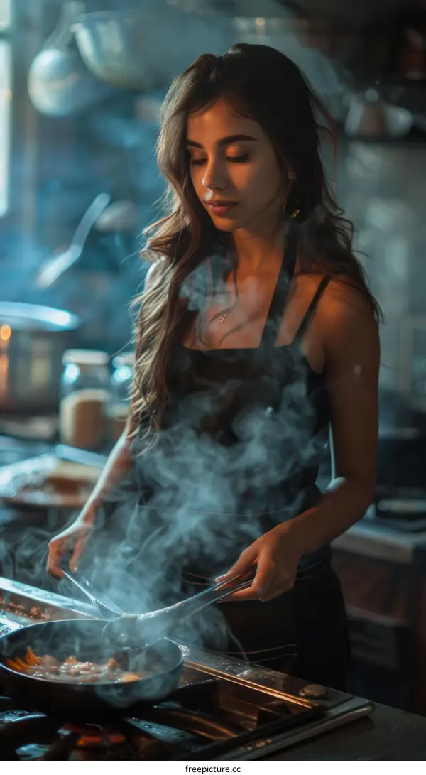 Woman Cooking in a Kitchen with Smoke