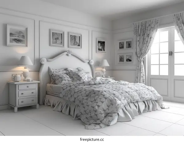 Elegant White Bedroom Interior Design Illustration