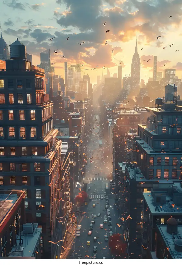 City Street Sunset Bustling Metropolis