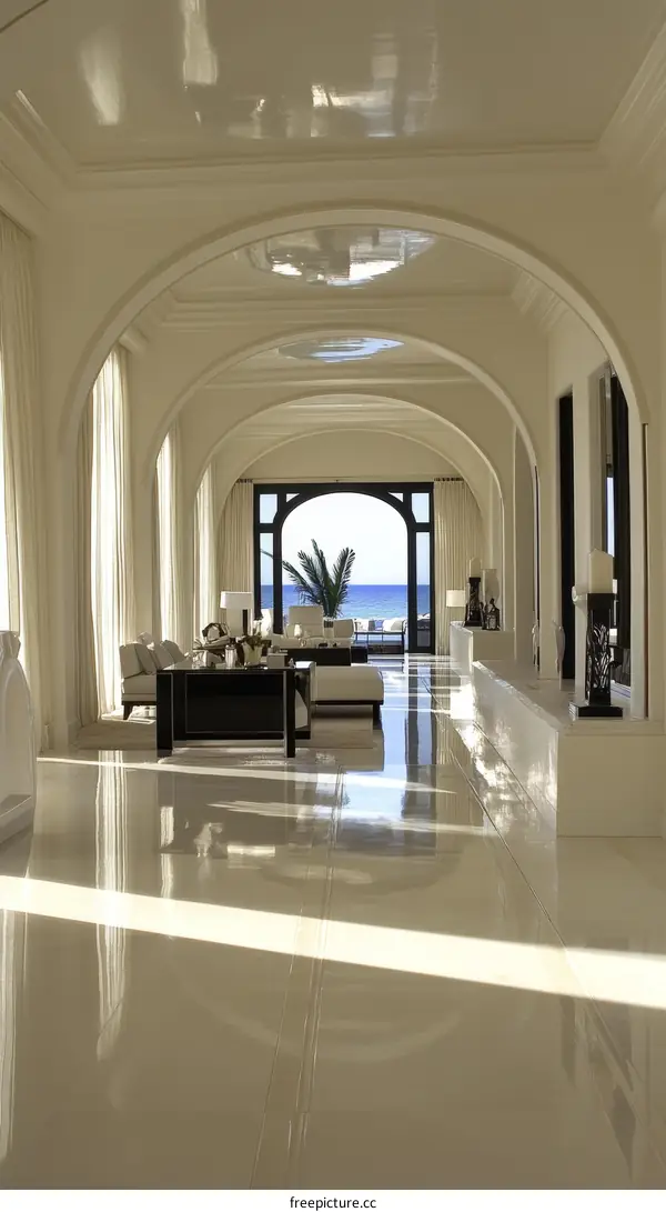 Elegant Interior Hallway with Archways and Ocean Views