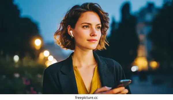 Woman Listening to Music in the City at Night