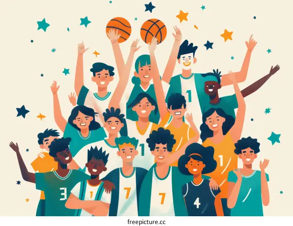 Group of diverse young people celebrating a basketball victory