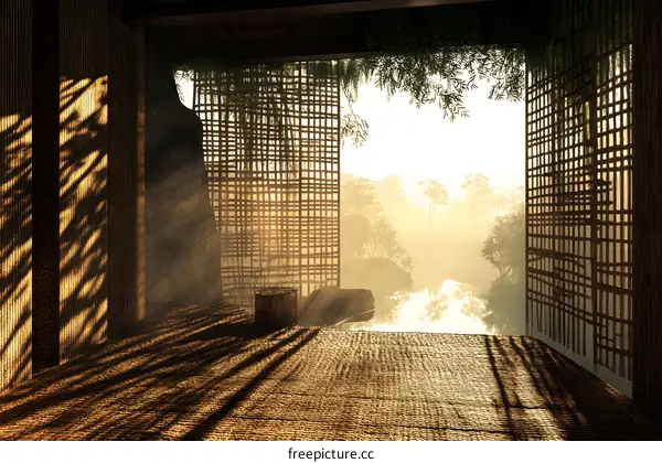 Japanese Style Room Interior with a View of a Lake and Forest