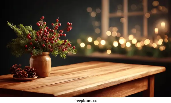 Christmas Decoration on Wooden Table with Blurred Background