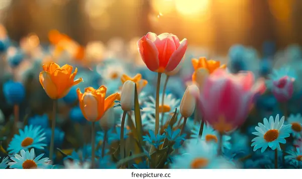 Field of flowers with tulips and daisies in the foreground and a sunset in the background