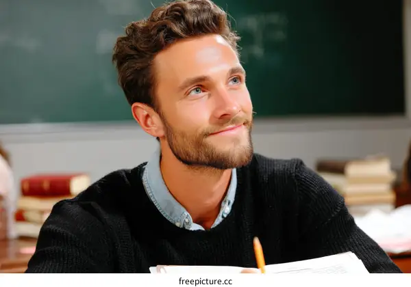 Caucasian Man in Classroom Thoughtful