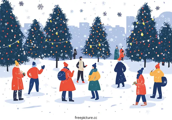 Christmas Tree Park Winter Snow Scene Illustration