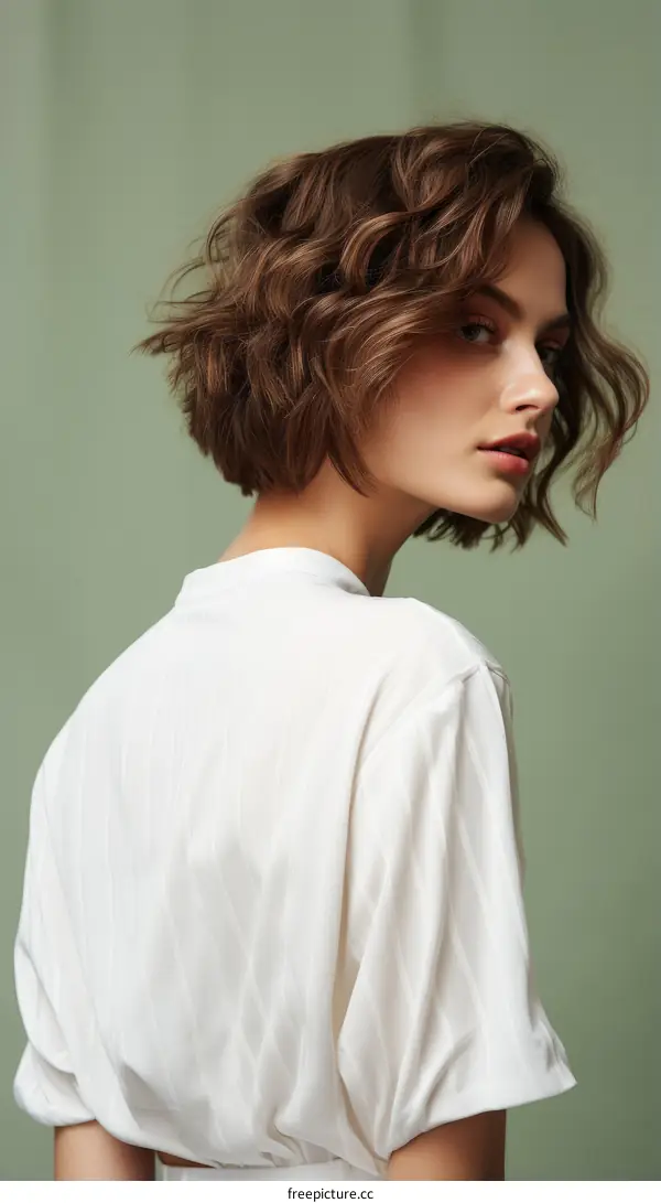 Portrait of a young woman with short brown hair