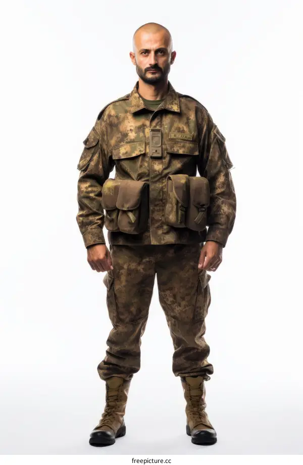 Soldier in military uniform with camouflage pattern and combat gear