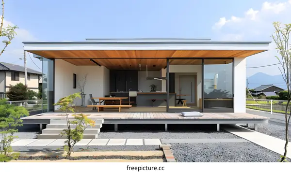 Modern Japanese House with Wooden Deck and Glass Doors