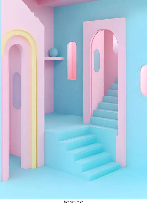 Pastel Pink and Blue Room with Stairs and Arches