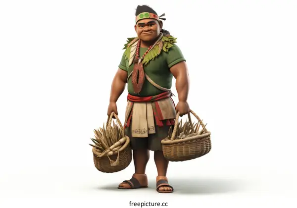 Polynesian man carrying baskets