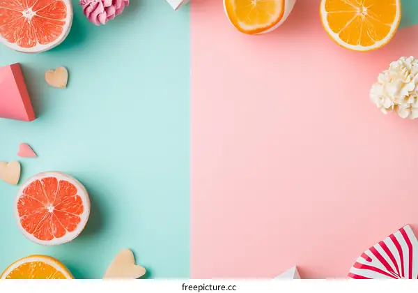 Colorful Fruit and Candy Arrangement on a Pink and Blue Background