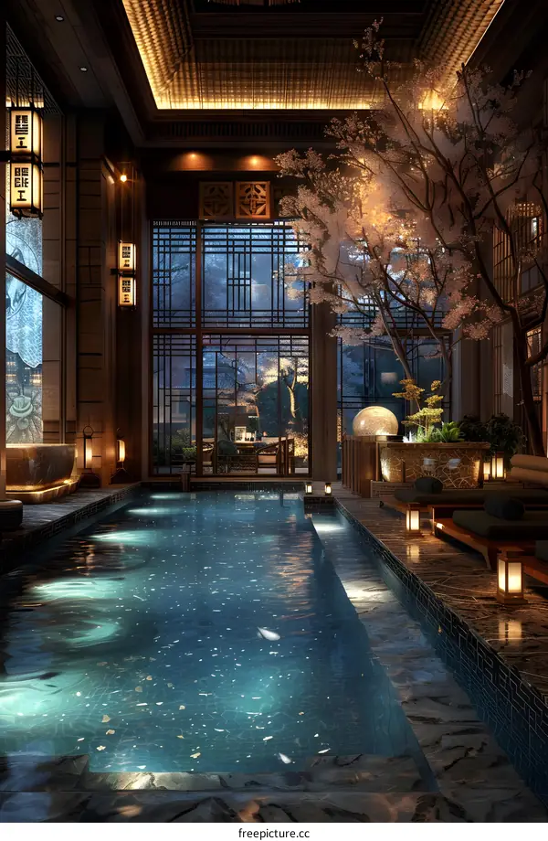 Indoor swimming pool with beautiful cherry blossom tree