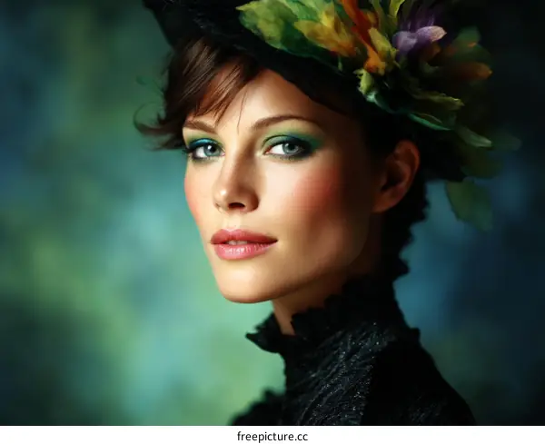 Elegant Woman with Exquisite Makeup and Floral Headpiece