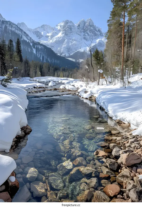 Crystal Clear River in Snowy Mountains