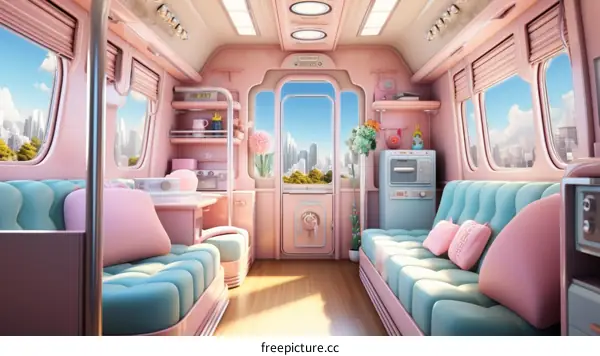 pink and blue interior of a futuristic train with large windows