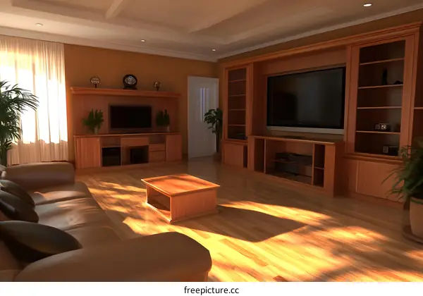 Modern Living Room Interior Design with Wooden Furniture and Large Television