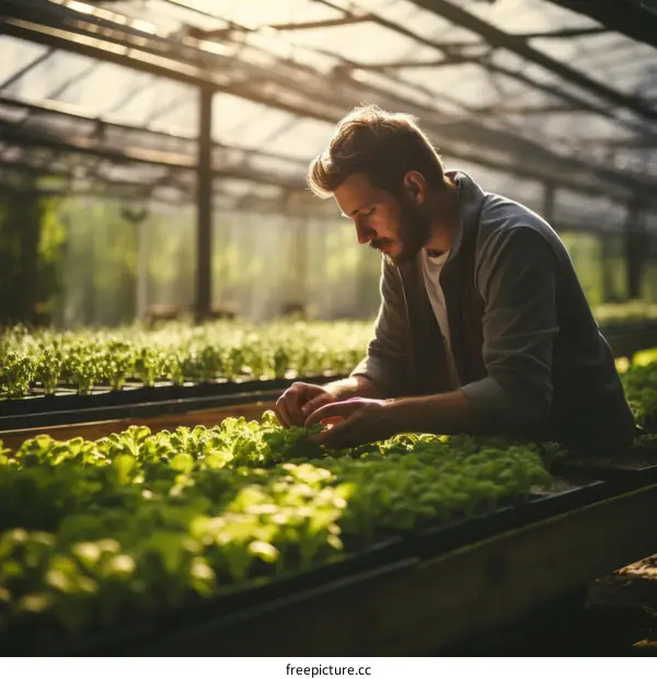 Male farmer checking his lettuce crop in a greenhouse