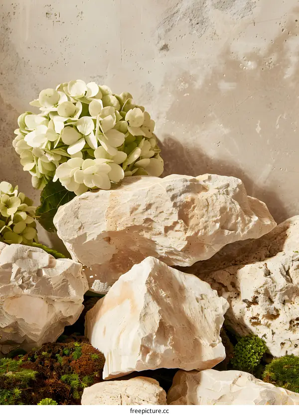 White Flowers and Rocks with Green Moss