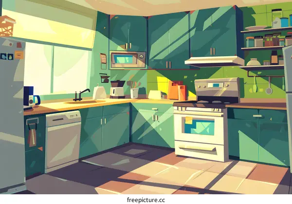 Cartoon Kitchen Interior With Green Cabinets