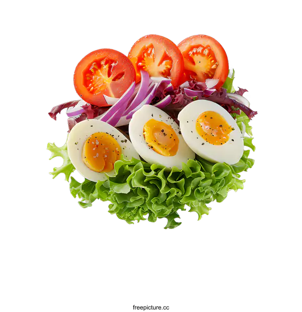 [Transparent Background PNG]Boiled Eggs with Tomato, Onion and Lettuce Salad