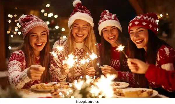 Christmas Celebration of Four Happy Teenagers