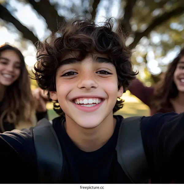 Happy Boy Taking Selfie with Friends in Park