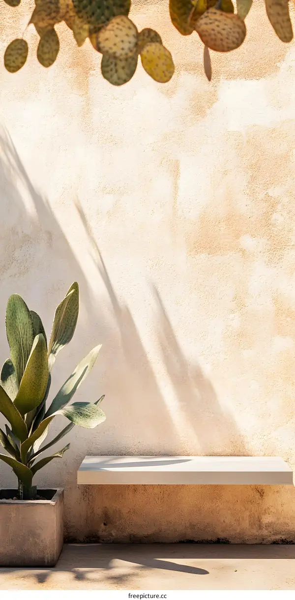 Minimalist  White Shelf With Plant and  Cactus Against Beige Wall Background