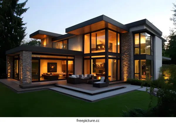Modern House with Stone Facade and Large Windows