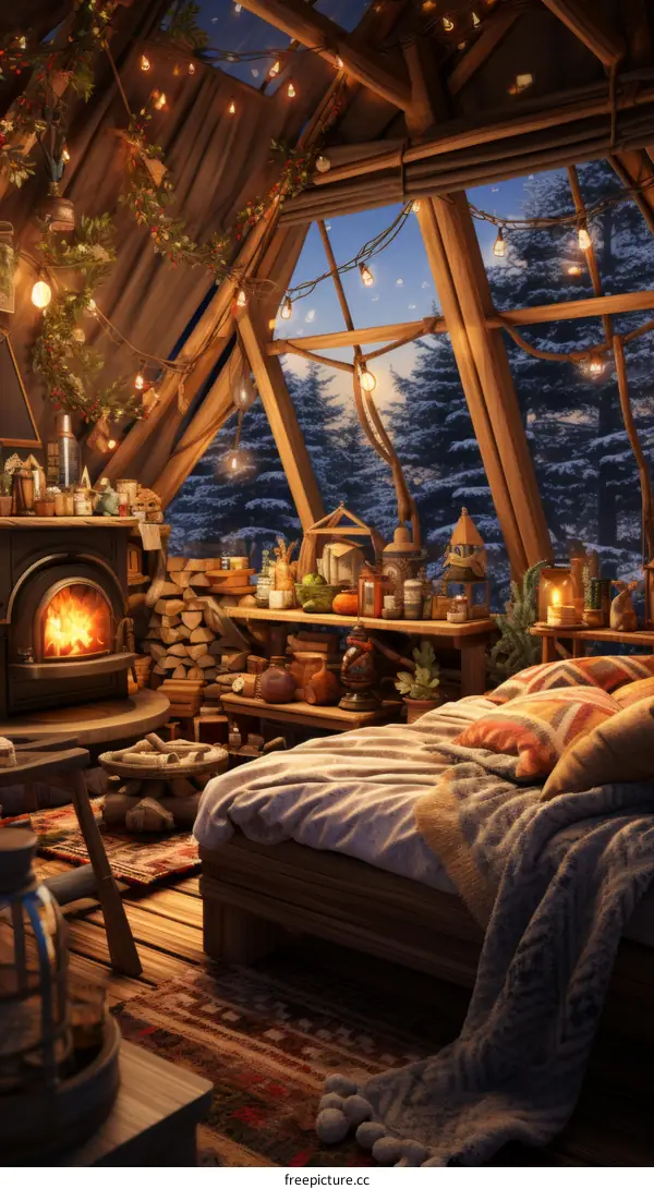 Cozy cabin in the woods with a fireplace, bed, and decorations