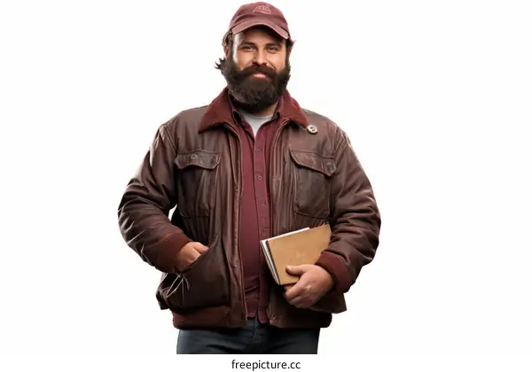 Bearded man in brown leather jacket holding a book