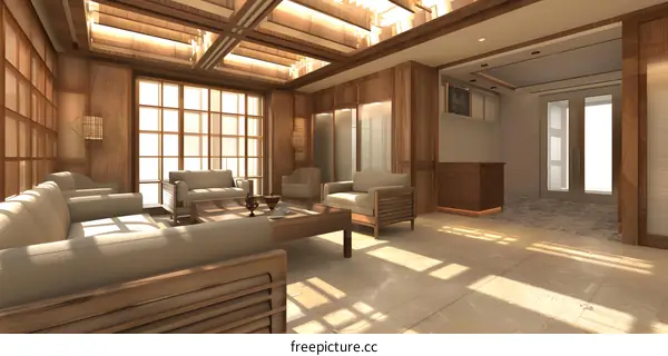 Modern Japanese Style Living Room Interior Design with Wooden Ceiling and Floor