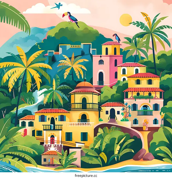 Tropical Island Village Illustration With Palm Trees And Buildings