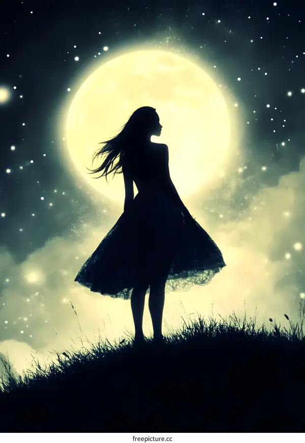 Silhouette of a Woman Standing in a Field Under the Full Moon