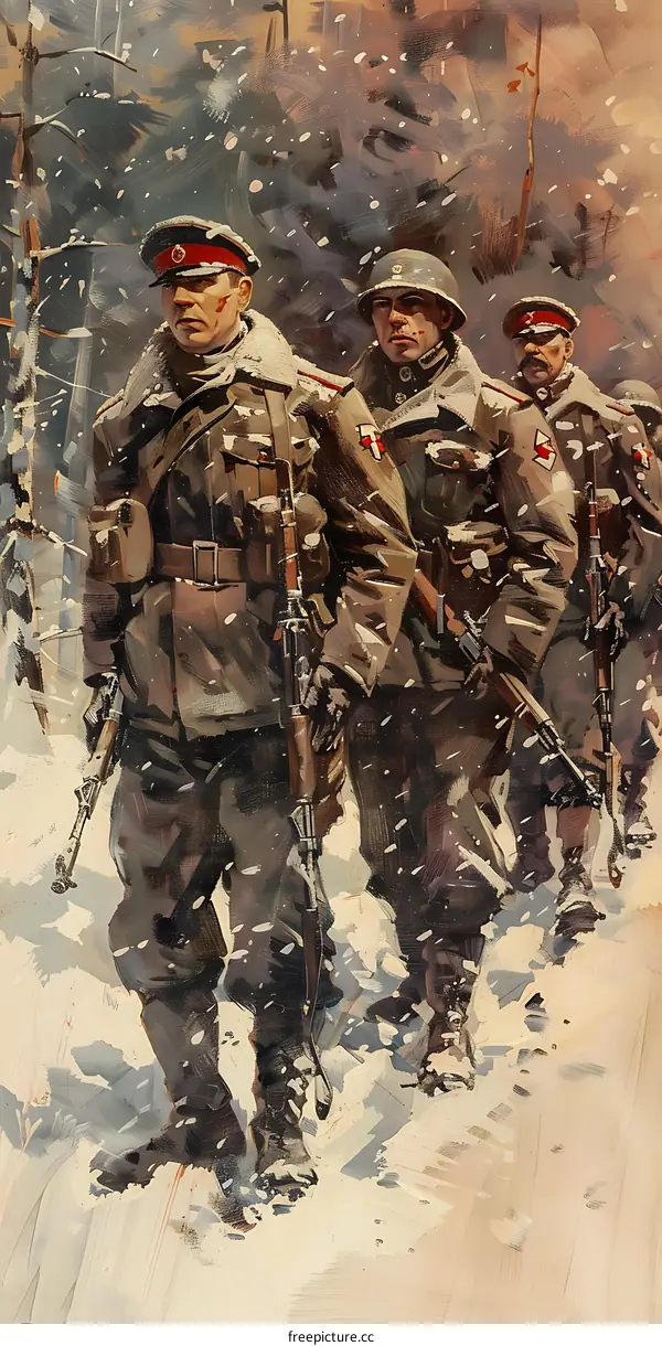Three soldiers in winter gear walking through a snowy forest